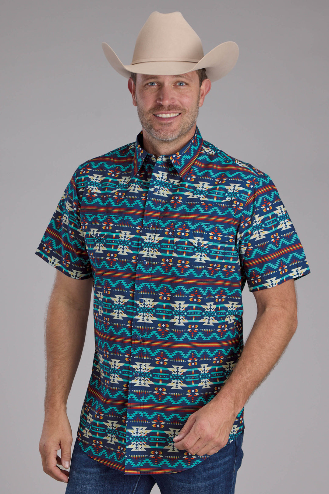MENS HORIZONTAL NAVAJO AZTEC PRINT SHORT SLEEVE SNAP WESTERN SHIRT