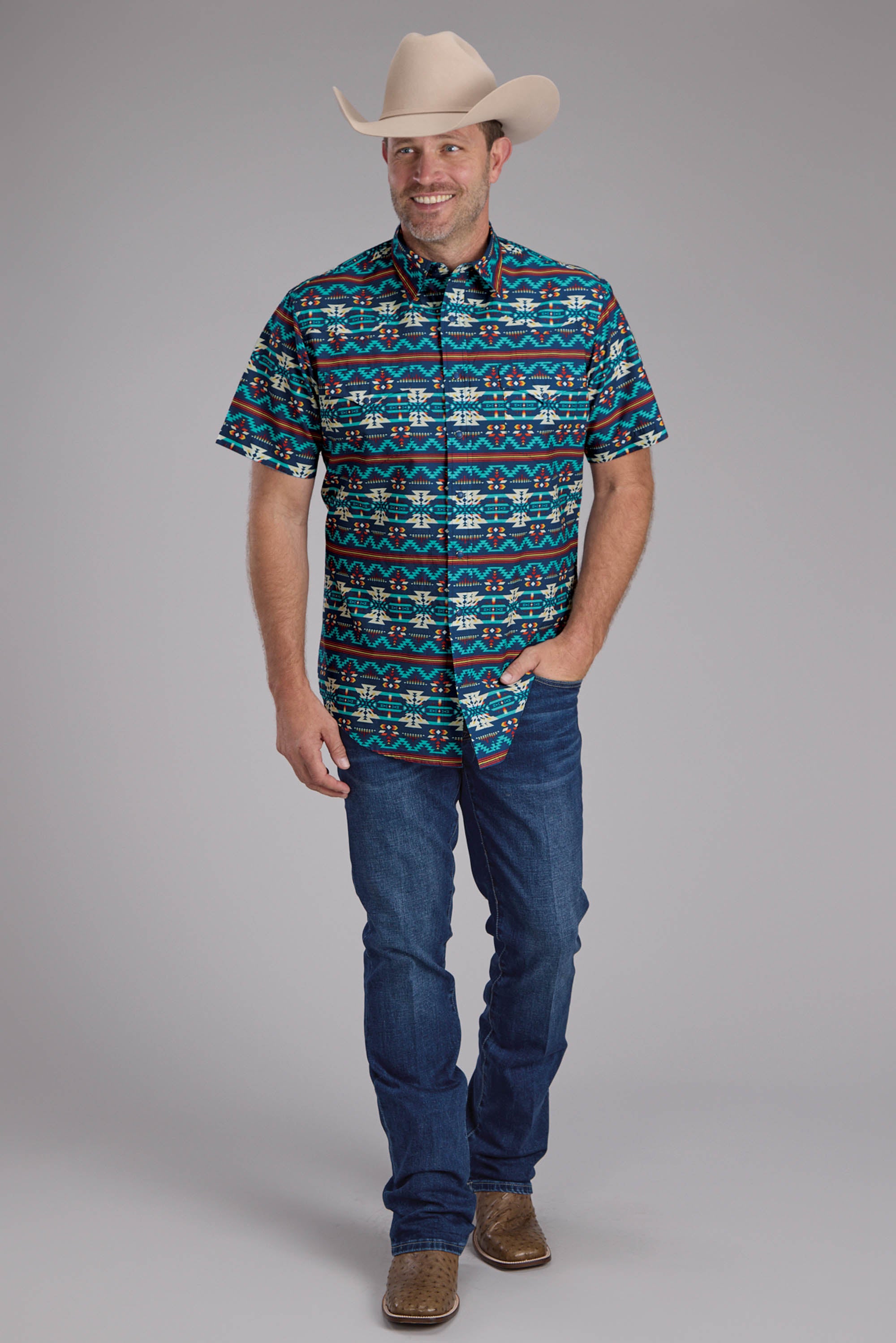 Mens Horizontal Navajo Aztec Print Short Sleeve Snap Western Shirt