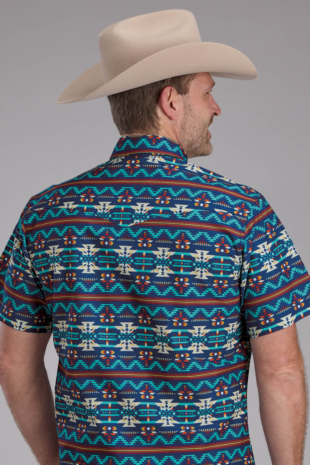 MENS HORIZONTAL NAVAJO AZTEC PRINT SHORT SLEEVE SNAP WESTERN SHIRT