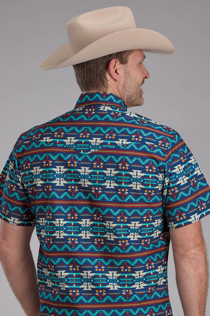 MENS HORIZONTAL NAVAJO AZTEC PRINT SHORT SLEEVE SNAP WESTERN SHIRT