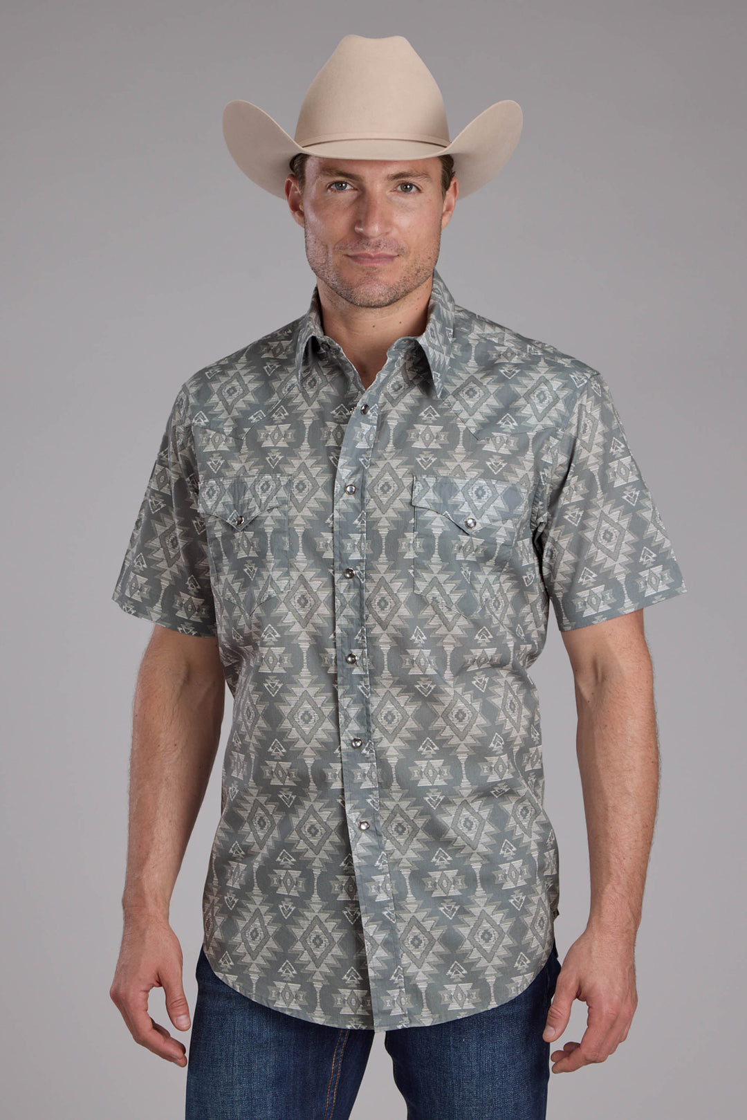 MENS HORIZONTAL SCRIBBLE AZTEC PRINT SHORT SLEEVE SNAP WESTERN SHIRT
