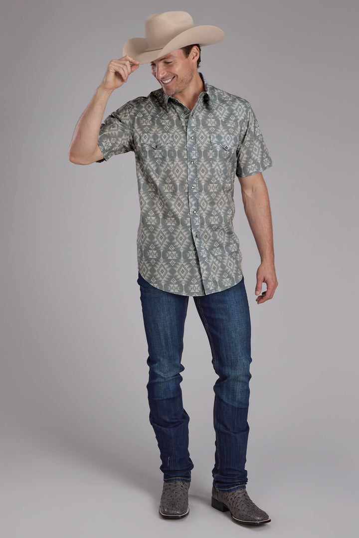 MENS HORIZONTAL SCRIBBLE AZTEC PRINT SHORT SLEEVE SNAP WESTERN SHIRT