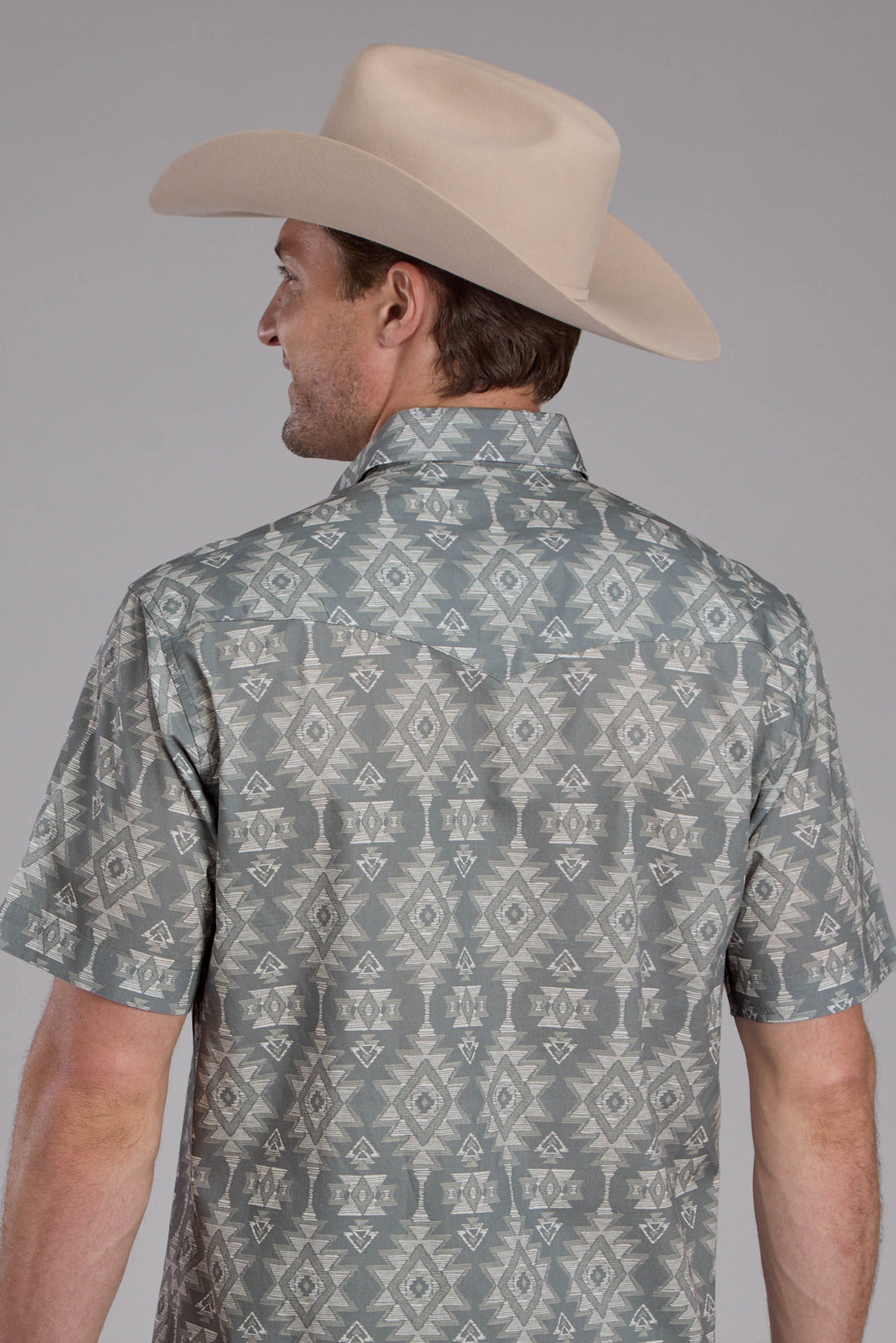 MENS HORIZONTAL SCRIBBLE AZTEC PRINT SHORT SLEEVE SNAP WESTERN SHIRT