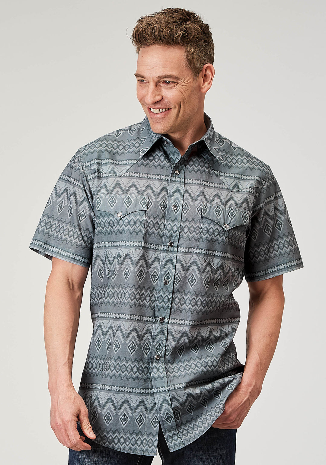 MENS SHORT SLEEVE SNAP RIVER AZTEC PRINT WESTERN SHIRT