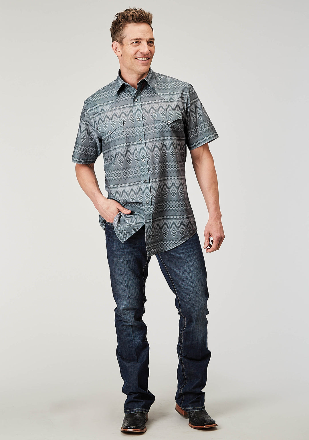 MENS SHORT SLEEVE SNAP RIVER AZTEC PRINT WESTERN SHIRT