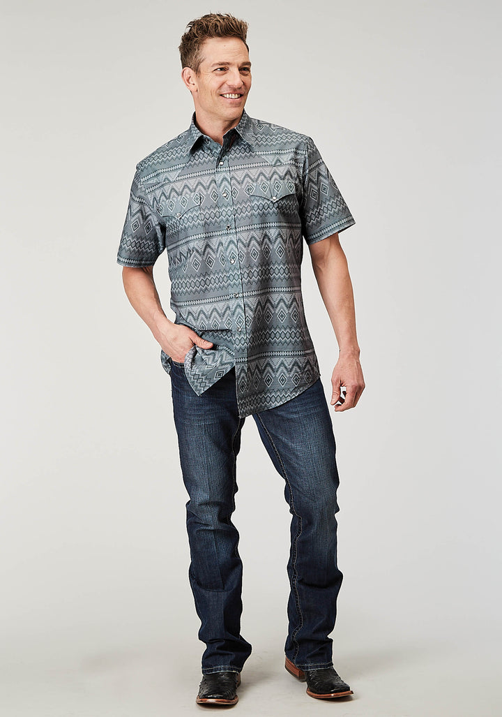 MENS SHORT SLEEVE SNAP RIVER AZTEC PRINT WESTERN SHIRT