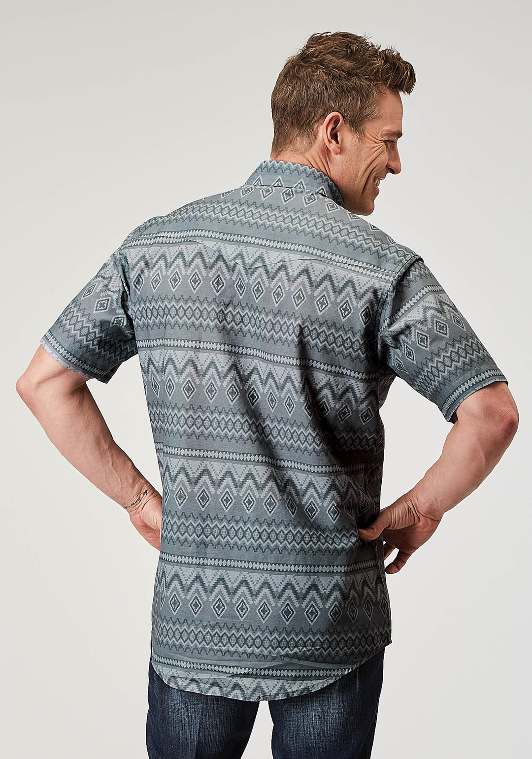 MENS SHORT SLEEVE SNAP RIVER AZTEC PRINT WESTERN SHIRT