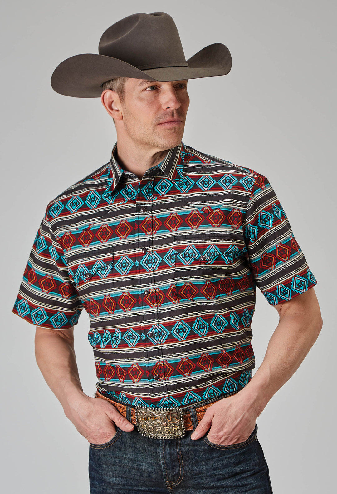 MENS SHORT SLEEVE SNAP AZTEC STRIPE PRINT WESTERN SHIRT