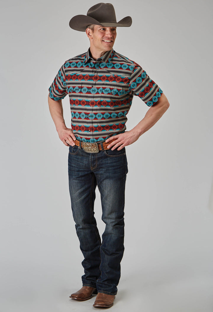 MENS SHORT SLEEVE SNAP AZTEC STRIPE PRINT WESTERN SHIRT
