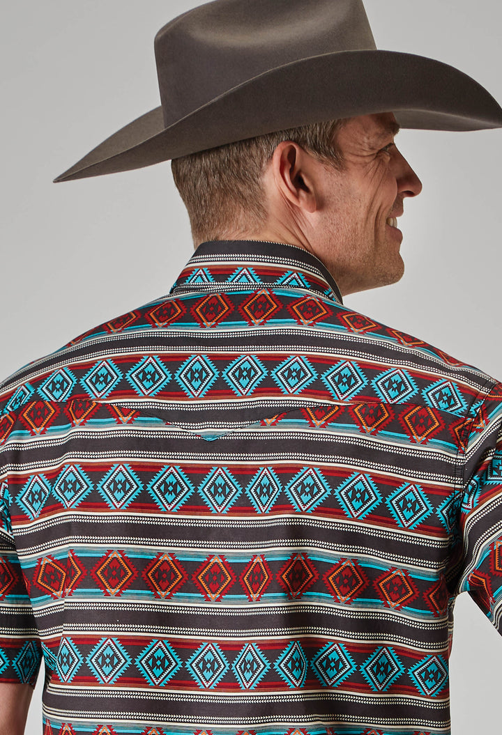 MENS SHORT SLEEVE SNAP AZTEC STRIPE PRINT WESTERN SHIRT