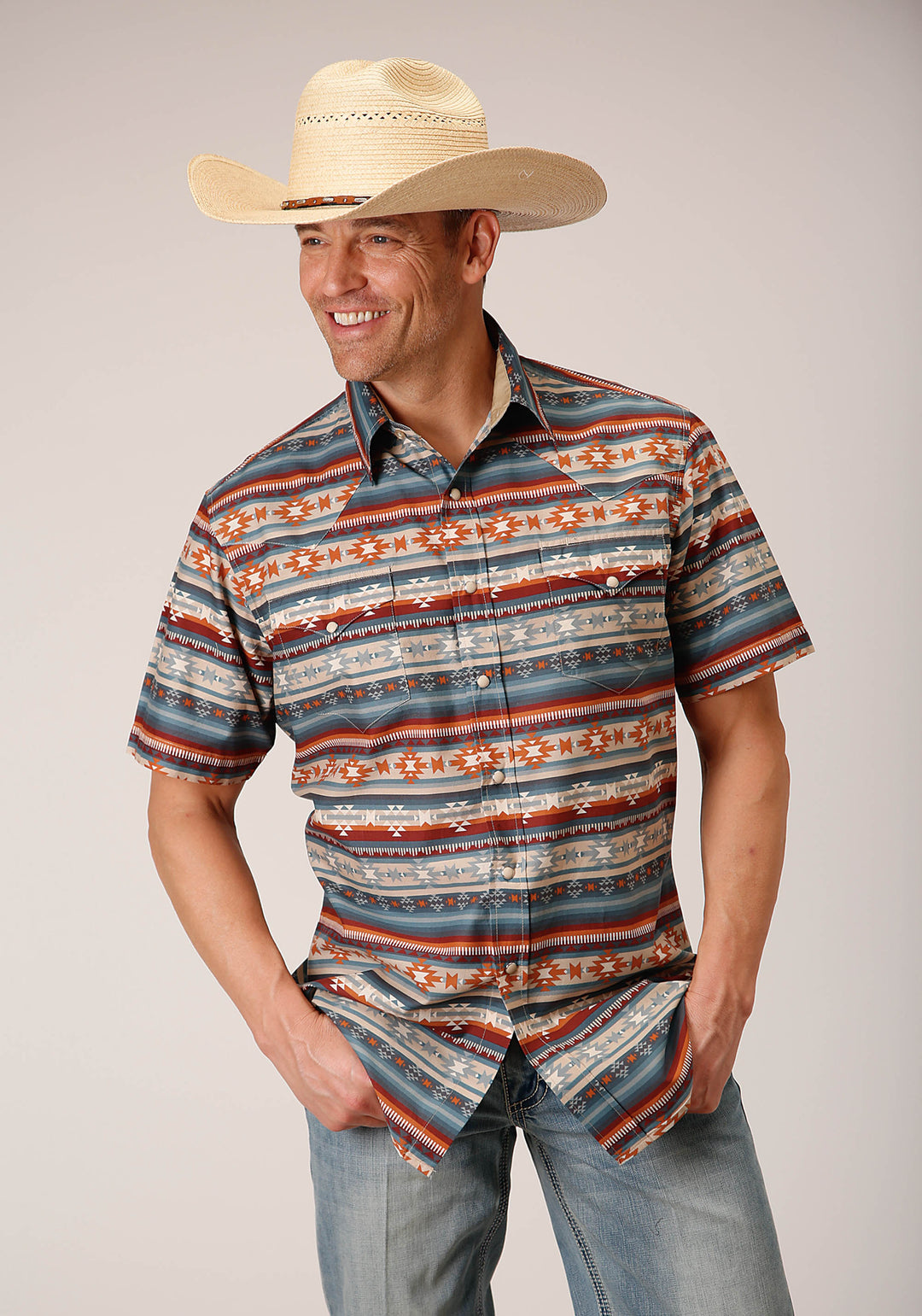 MENS SHORT SLEEVE SNAP SANDSTONE AZTEC PRINT WESTERN SHIRT