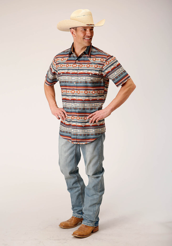 MENS SHORT SLEEVE SNAP SANDSTONE AZTEC PRINT WESTERN SHIRT