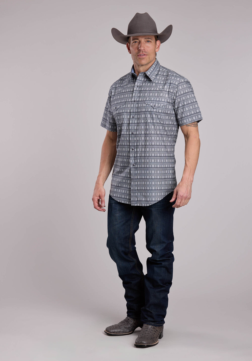MENS ROPER HORIZONTAL AZTEC BLANKET PRINT SHORT SLEEVE SNAP SHIRT