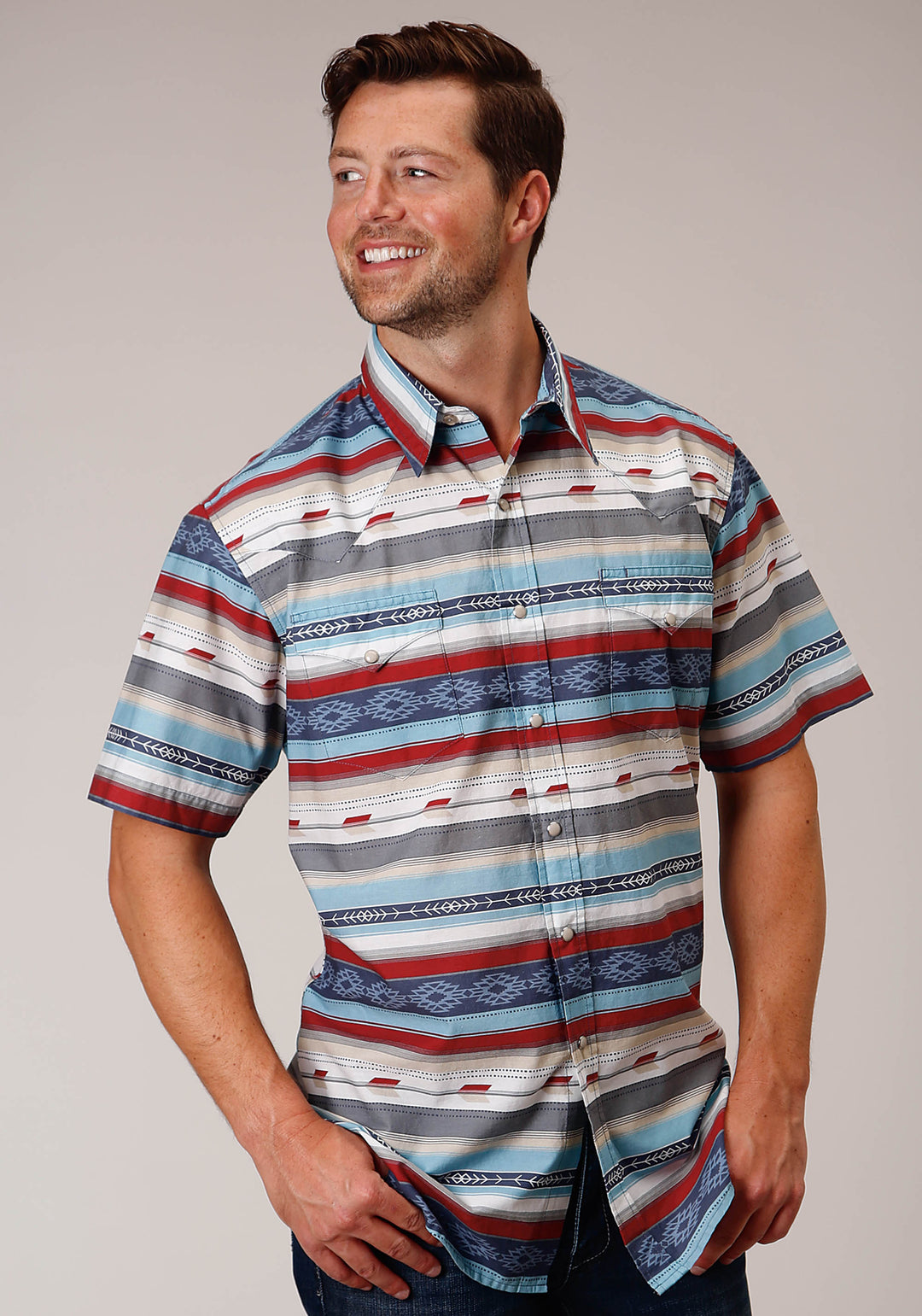 MENS SHORT SLEEVE SNAP ARROW AZTEC STRIPE WESTERN SHIRT