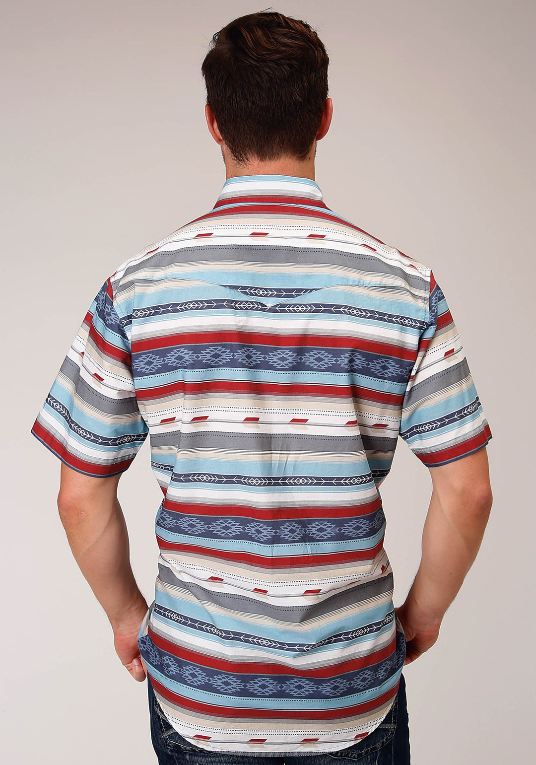 MENS SHORT SLEEVE SNAP ARROW AZTEC STRIPE WESTERN SHIRT