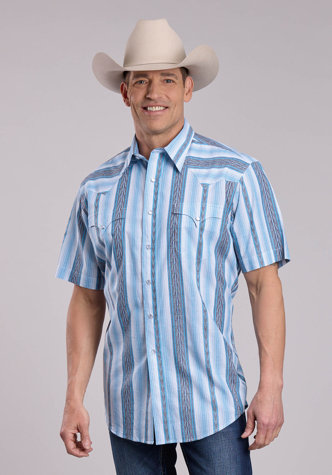 MENS ROPER YARN DYE STRIPE SHORT SLEEVE SNAP SHIRT