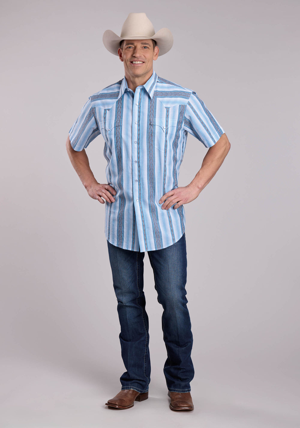 MENS ROPER YARN DYE STRIPE SHORT SLEEVE SNAP SHIRT