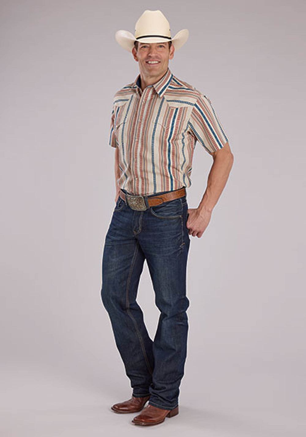MENS SHORT SLEEVE SNAP SOUTHWEST VERTICAL STRIPE WESTERN SHIRT