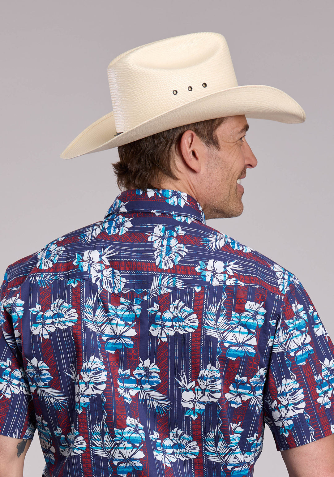 MENS ROPER DISTRESSED TROPICAL AZTEC PRINT SHORT SLEEVE SNAP SHIRT