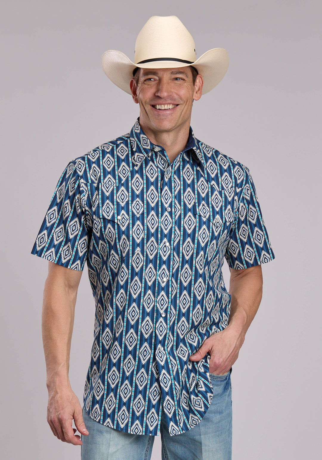 MENS ROPER VERTICAL SERAPE PRINT SHORT SLEEVE SNAP SHIRT