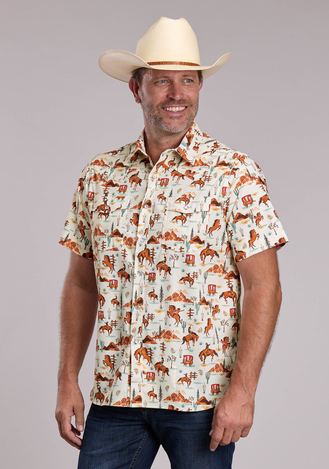 MENS ROPER VINTAGE SCENIC PRINT SHORT SLEEVE SNAP SHIRT