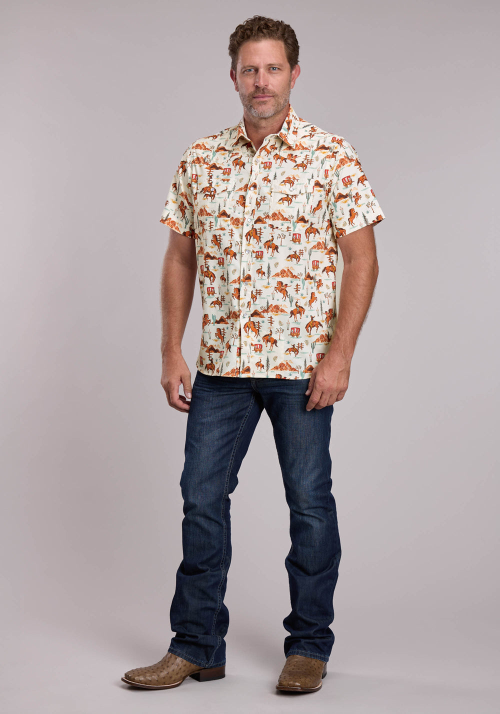 MENS ROPER VINTAGE SCENIC PRINT SHORT SLEEVE SNAP SHIRT