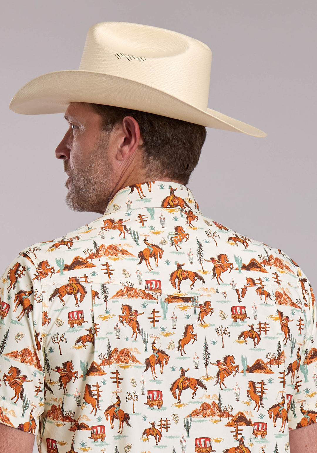 MENS ROPER VINTAGE SCENIC PRINT SHORT SLEEVE SNAP SHIRT