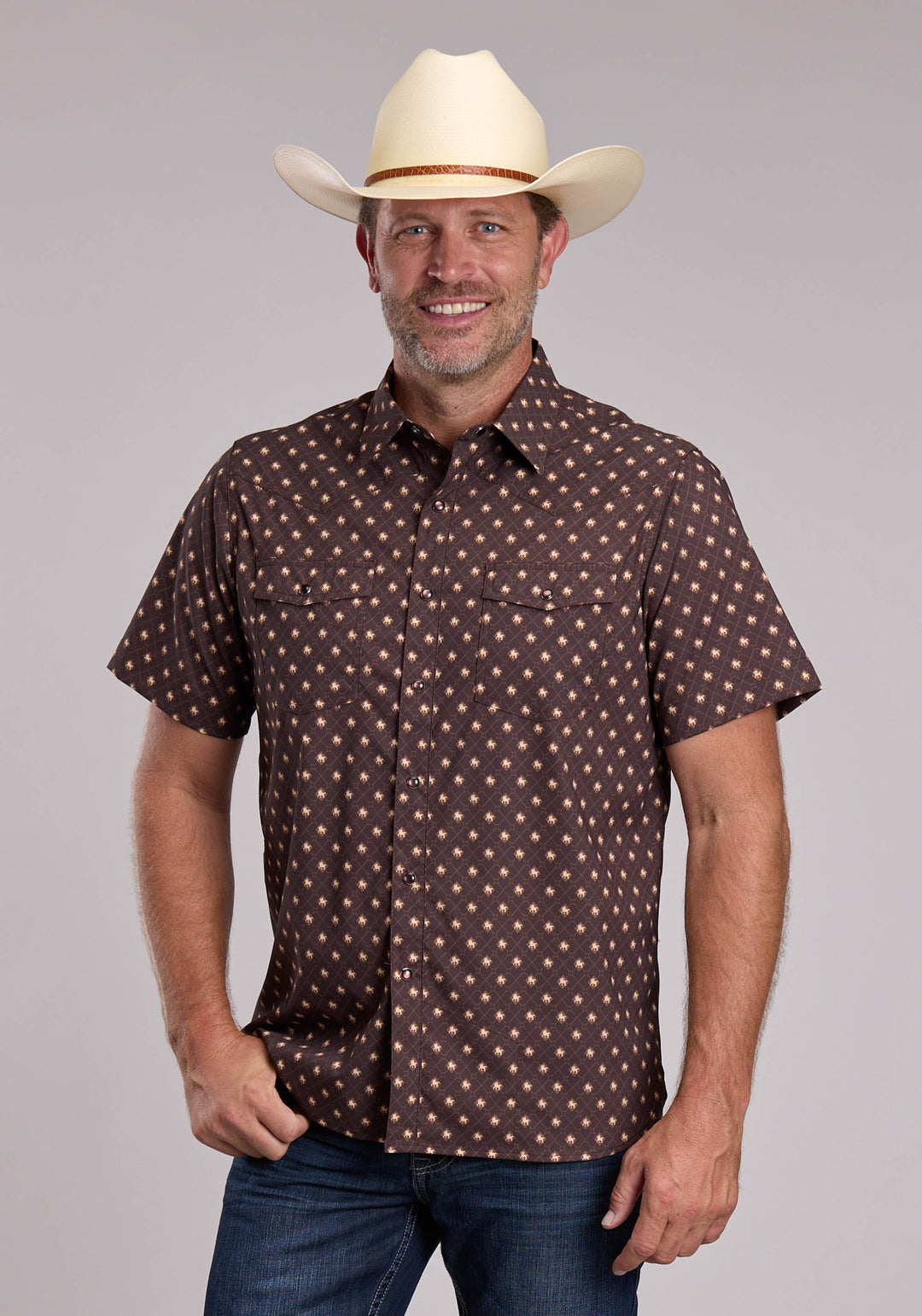 MENS ROPER WESTERN ARGYLE PRINT SHORT SLEEVE SNAP SHIRT