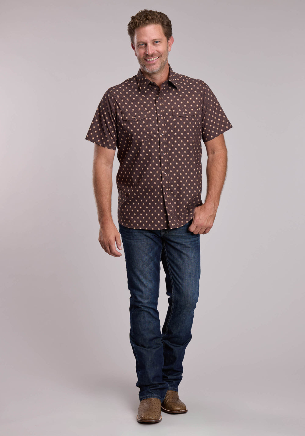 MENS ROPER WESTERN ARGYLE PRINT SHORT SLEEVE SNAP SHIRT