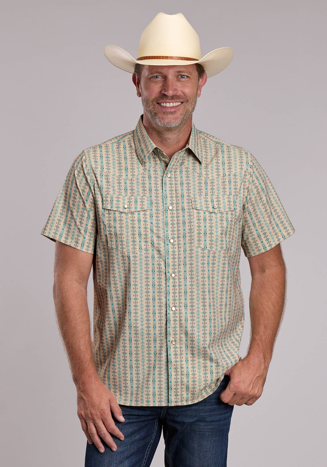 MENS ROPER VERTICAL AZTEC PRINT SHORT SLEEVE SNAP SHIRT