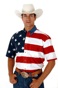 MENS RED WHITE AND BLUE STARS AND STRIPES PIECED AMERICAN FLAG SHORT SLEEVE WESTERN SNAP SHIRT