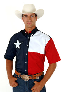 MENS RED WHITE AND BLUE PIECED TEXAS FLAG SHORT SLEEVE WESTERN SNAP SHIRT