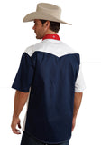MENS RED WHITE AND BLUE COLORBLOCKED PIECED SHORT SLEEVE WESTERN SNAP SHIRT