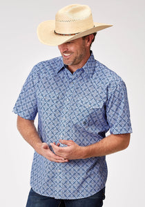 MENS SHORT SLEEVE SNAP BLUE SKIES TIE PRINT WESTERN SHIRT