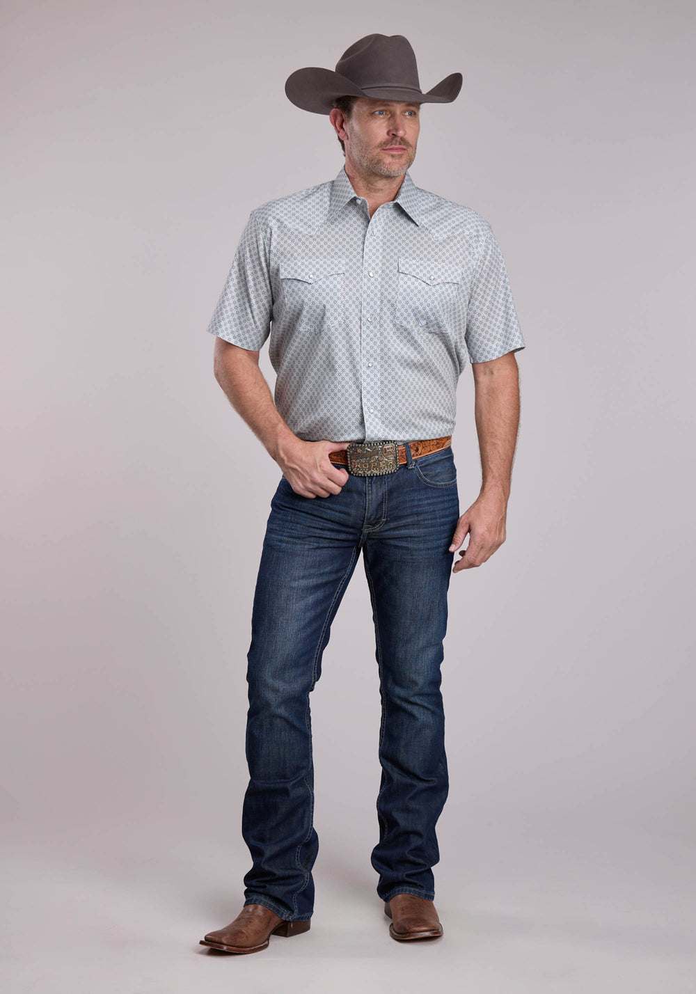 MENS ROPER STRETCH FOUR POINT FOULARD - GREY SHORT SLEEVE SNAP SHIRT