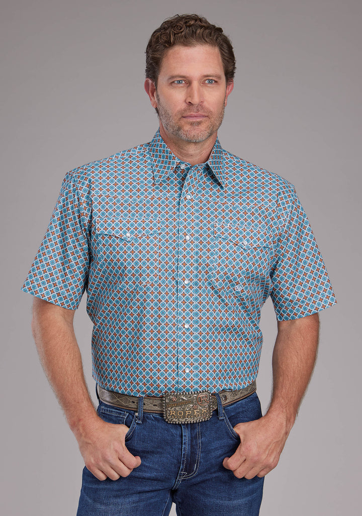 MENS TURQUOISE TILE FOULARD SHORT SLEEVE SNAP WESTERN SHIRT