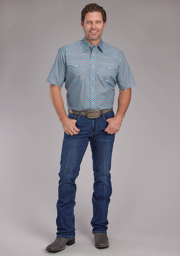MENS TURQUOISE TILE FOULARD SHORT SLEEVE SNAP WESTERN SHIRT