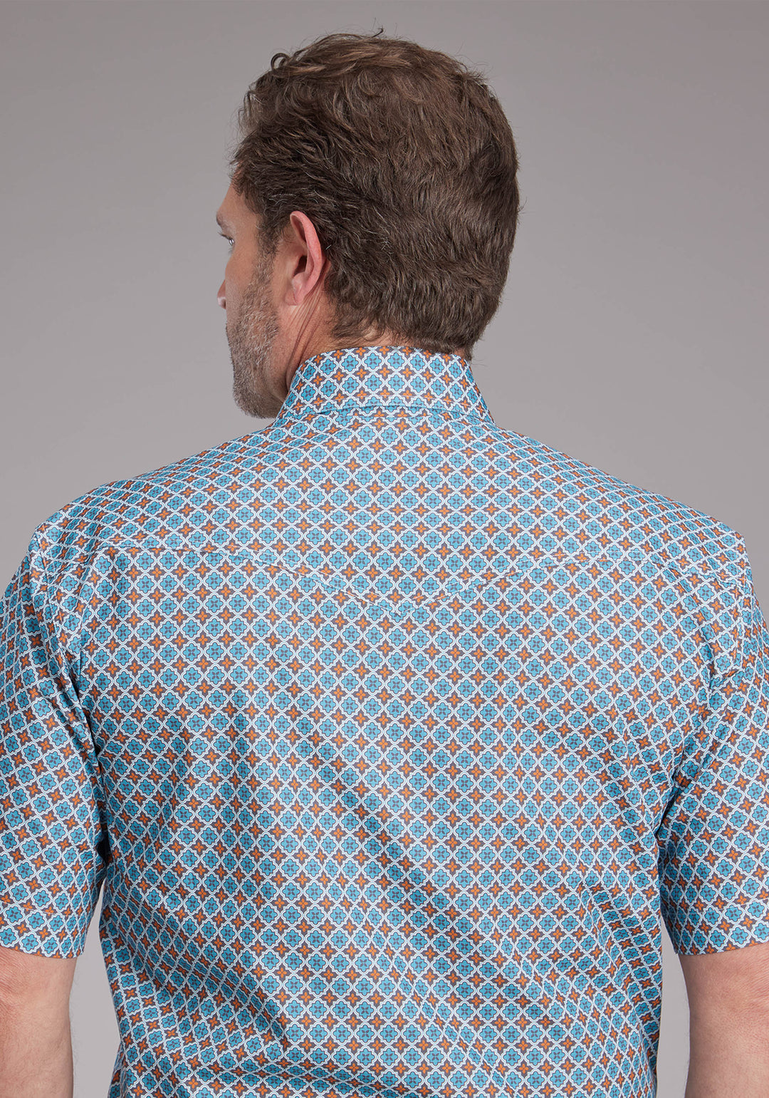 MENS TURQUOISE TILE FOULARD SHORT SLEEVE SNAP WESTERN SHIRT