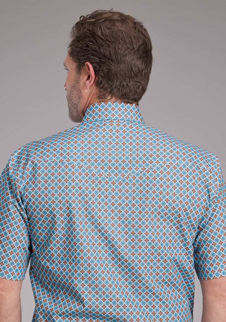 MENS TURQUOISE TILE FOULARD SHORT SLEEVE SNAP WESTERN SHIRT