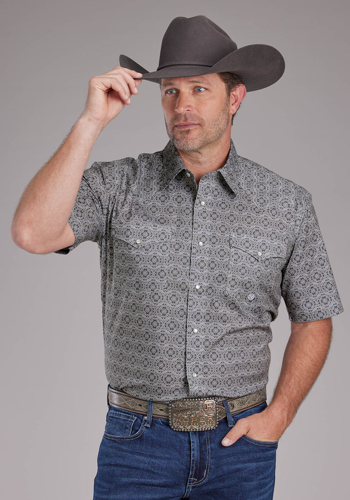 MENS STRETCH MEDALLION PAISLEY - GRAY SHORT SLEEVE SNAP WESTERN SHIRT