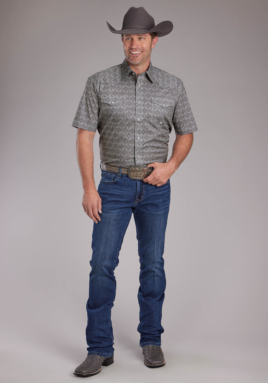 MENS STRETCH MEDALLION PAISLEY - GRAY SHORT SLEEVE SNAP WESTERN SHIRT