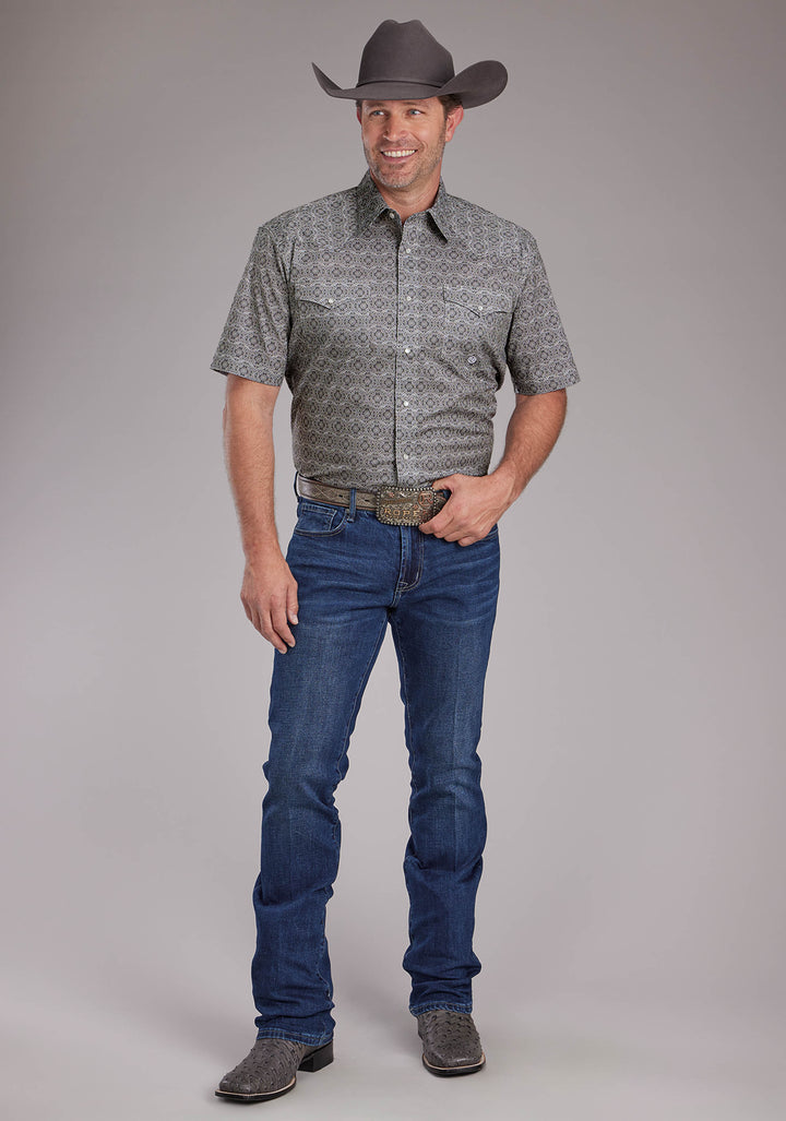 MENS STRETCH MEDALLION PAISLEY - GRAY SHORT SLEEVE SNAP WESTERN SHIRT