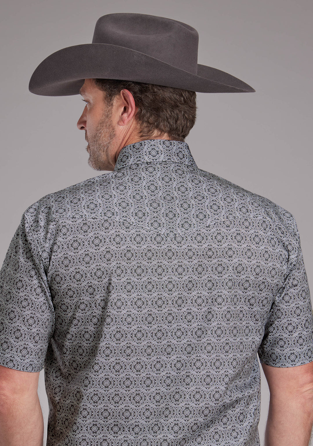 MENS STRETCH MEDALLION PAISLEY - GRAY SHORT SLEEVE SNAP WESTERN SHIRT