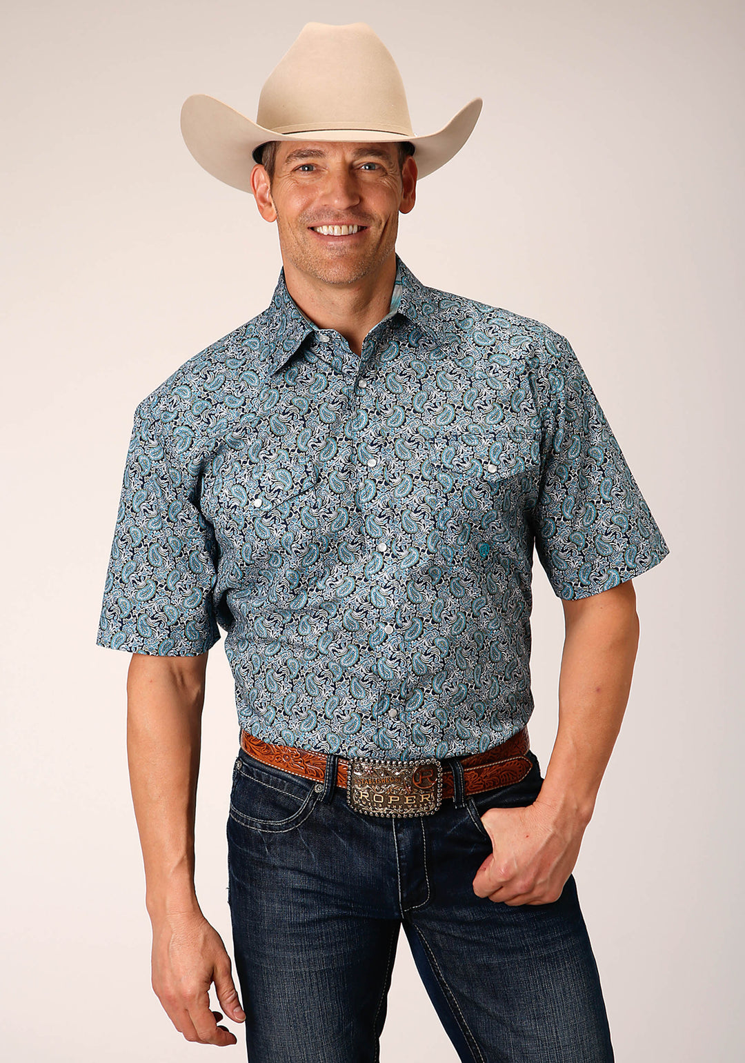 MENS SHORT SLEEVE SNAP PEACOCK PAISLEY WESTERN SHIRT
