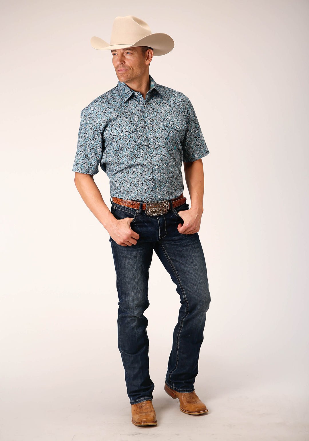 MENS SHORT SLEEVE SNAP PEACOCK PAISLEY WESTERN SHIRT