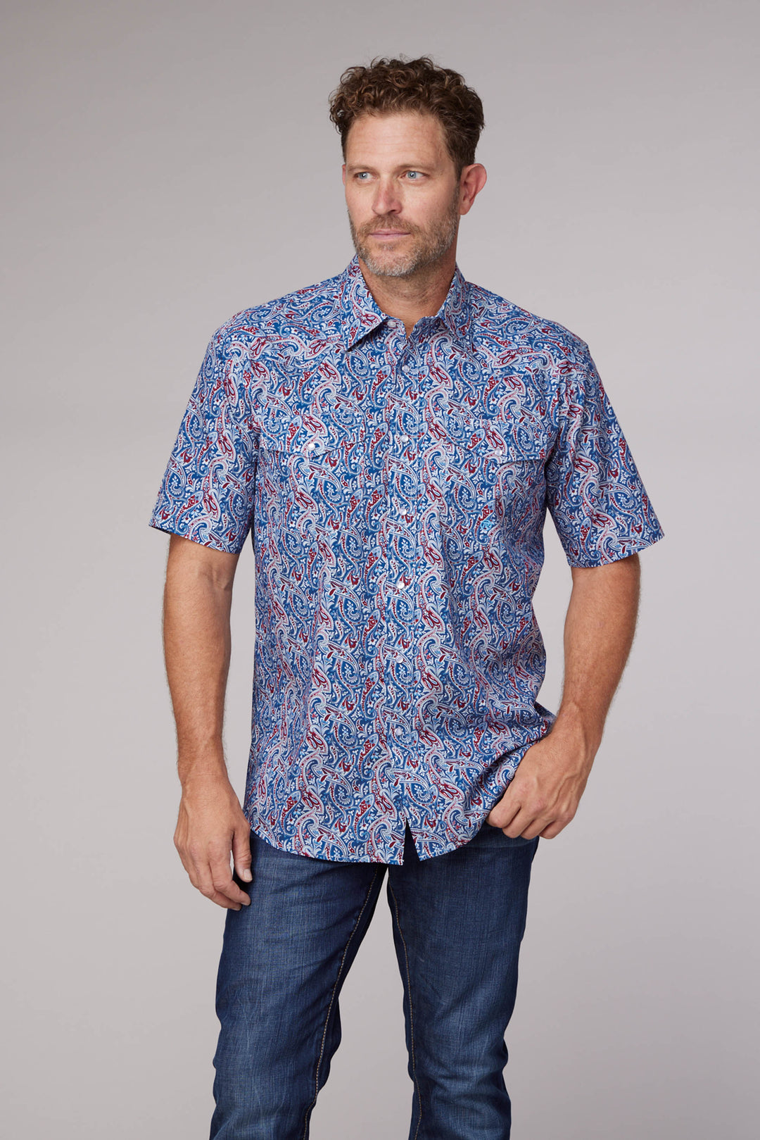 MENS BLUE RIVER PAISLEY SHORT SLEEVE SNAP WESTERN SHIRT