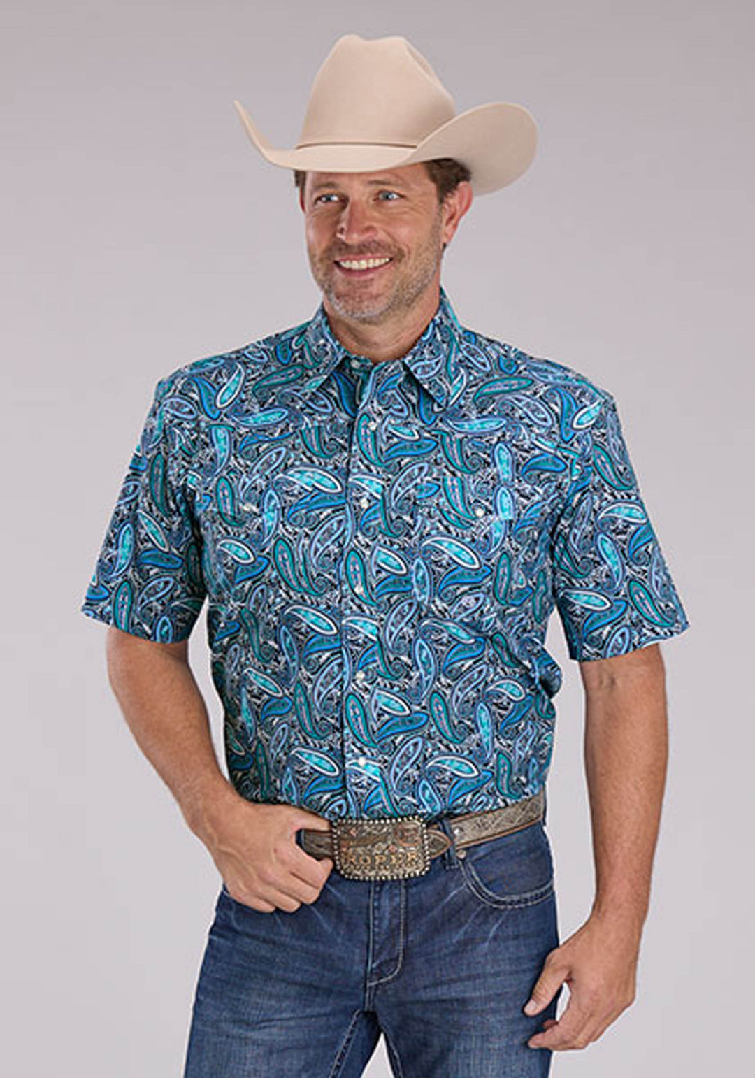 MENS BLUE SKY PAISLEY SHORT SLEEVE SNAP WESTERN SHIRT