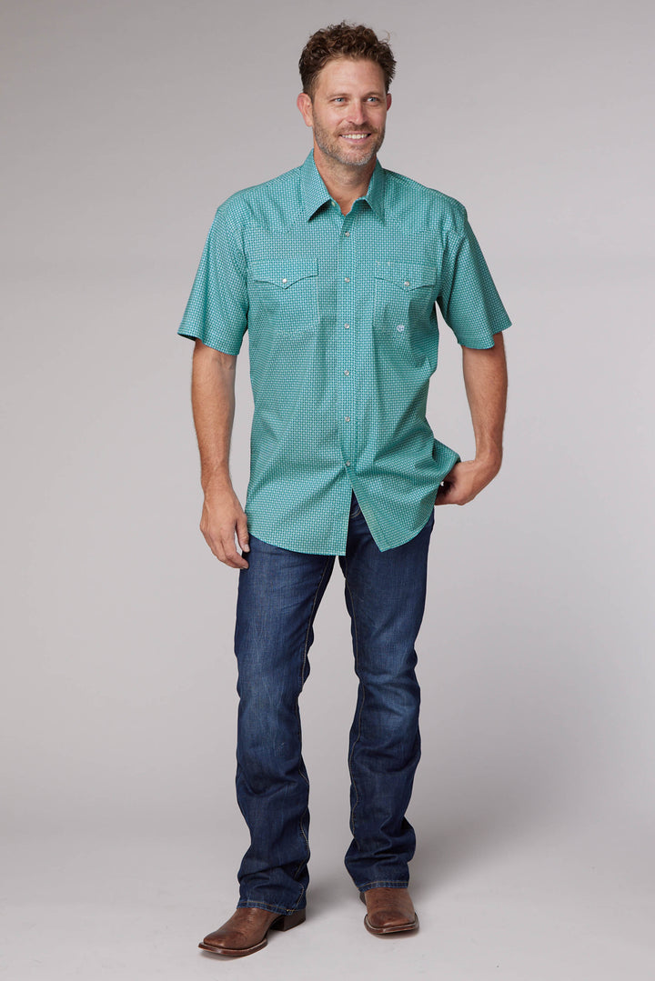MENS SHORT SLEEVE SNAP STRETCH NEAT TEAL WESTERN SHIRT