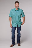 MENS SHORT SLEEVE SNAP STRETCH NEAT TEAL WESTERN SHIRT