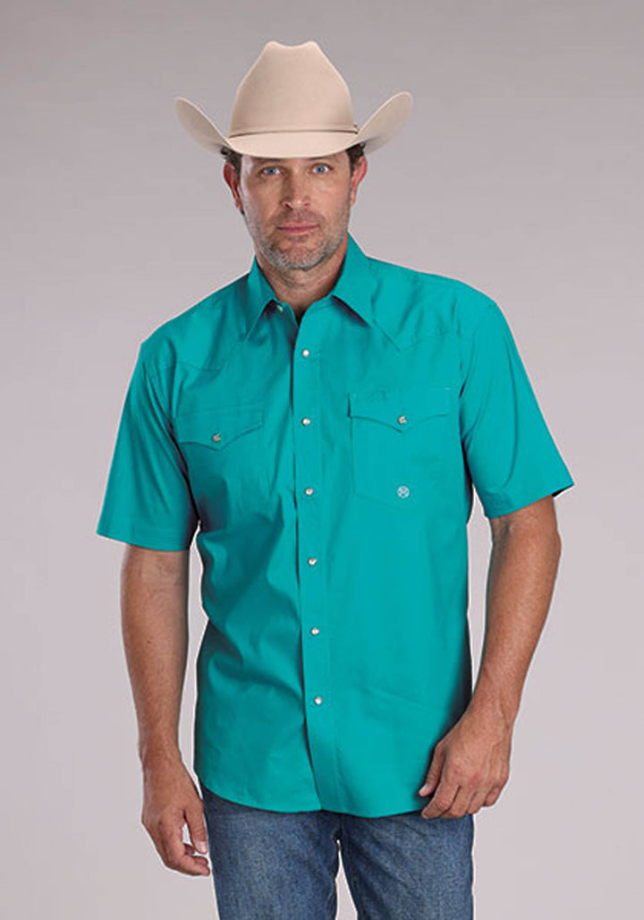 MENS SOLID STRETCH POPLIN - TURQUOISE SHORT SLEEVE SNAP WESTERN SHIRT